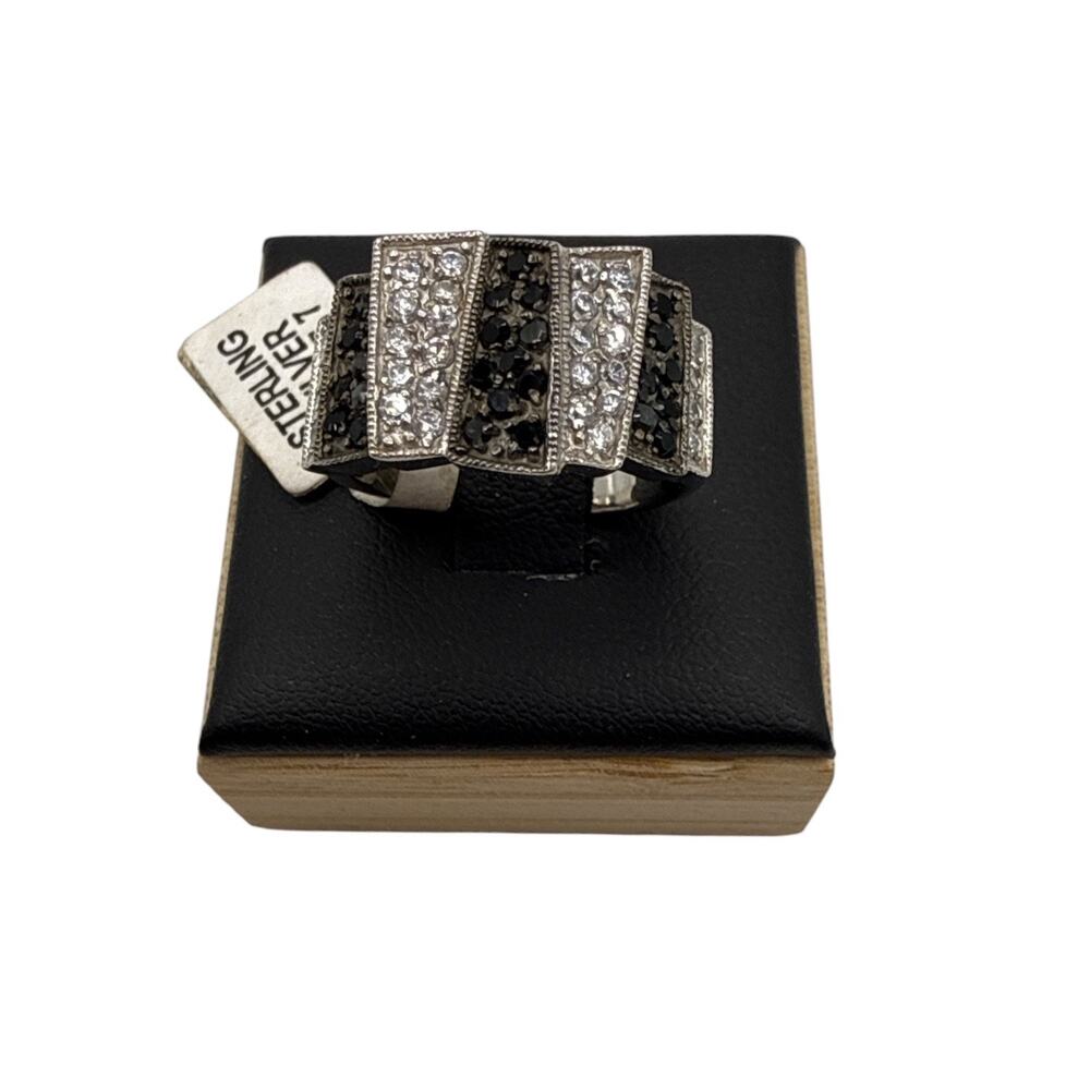 925 Sterling Silver Black White CZ Pave Geometric Statement Band Ring Size 7⁠